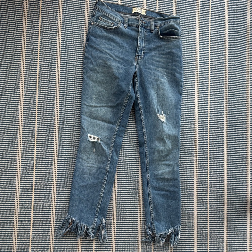 Free People Distressed Blue Jeans with Frayed Hem